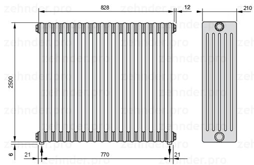 Схема (чертеж) Радиатор Zehnder Charleston 6250/18 №3570 Белый глянцевый RAL 9016